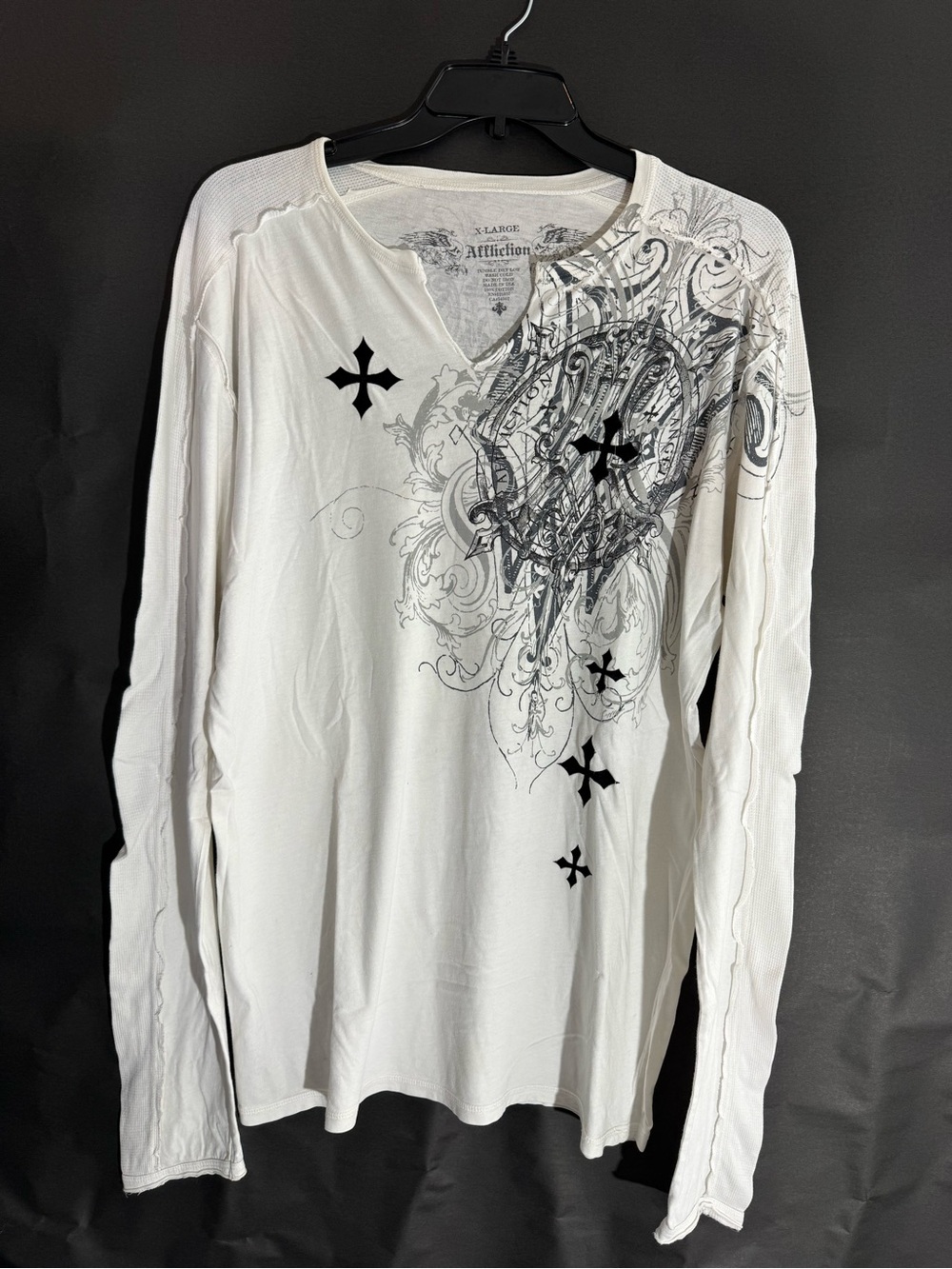 Affliction Men’s Y2K Thermal Long Sleeve Tee Angel Wings Cross Goth XL